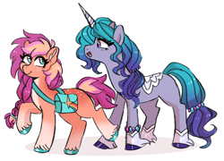Size: 2452x1768 | Tagged: safe, artist:emera33, imported from derpibooru, izzy moonbow, sunny starscout, earth pony, pony, unicorn, duo, female, g5, horn, lesbian, looking at each other, looking at someone, moonscout, shipping, simple background, smiling, white background