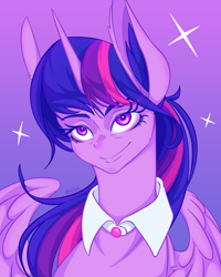 Size: 2160x2700 | Tagged: safe, artist:verskon, imported from derpibooru, twilight sparkle, alicorn, pony, bust, female, gradient background, high res, mare, smiling, solo, sparkles, twilight sparkle (alicorn)