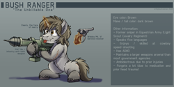 Size: 4268x2139 | Tagged: safe, artist:buckweiser, imported from derpibooru, oc, oc only, oc:bush ranger, pony, unicorn, :p, broken horn, burn marks, chest fluff, claw mar, cute, derp, ear fluff, fluffy, gun, handgun, horn, magic, magic aura, male, mercy, mlem, mortar, overwatch, piat, reference sheet, revolver, rocket launcher, scar, silly, simple background, smiling, solo, stallion, standing, standing on two hooves, telekinesis, tongue out, weapon, webley, yakutian horse
