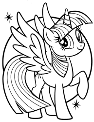 Size: 1673x2166 | Tagged: safe, imported from derpibooru, twilight sparkle, alicorn, pony, black and white, circle background, coloring book, coloring page, female, grayscale, looking at you, mare, monochrome, official, raised hoof, smiling, smiling at you, solo, sparkles, spread wings, twilight sparkle (alicorn), wings