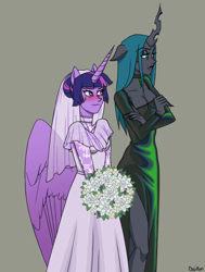 Size: 1080x1431 | Tagged: safe, artist:ddddaikon, imported from derpibooru, queen chrysalis, twilight sparkle, alicorn, anthro, changeling, changeling queen, alternate hairstyle, black dress, blushing, breasts, bride, busty queen chrysalis, busty twilight sparkle, clothes, crossed arms, dress, duo, eyeshadow, female, flower, lesbian, looking away, makeup, marriage, one ear down, shipping, twilight sparkle (alicorn), twisalis, veil, wedding dress, wedding veil