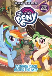 Size: 2728x4000 | Tagged: safe, imported from derpibooru, boyle, captain celaeno, rainbow dash, anthro, bird, parrot, parrot pirates, pegasus, pony, my little pony: the movie, beauty mark, beyond equestria, chest fluff, cover, cover art, duo focus, female, flying, hat, looking at you, male, mare, mullet (g4), my little pony logo, my little pony: beyond equestria: rainbow dash rights the ship, official, open mouth, open smile, pirate, pirate hat, smiling, spread wings, squabble, wings