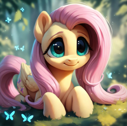Size: 827x823 | Tagged: safe, imported from derpibooru, fluttershy, butterfly, pegasus, pony, ai assisted, ai content, ai generated, beautiful, big eyes, cute, detailed, eye reflection, forest, generator:purplesmart.ai, generator:stable diffusion, grass, green eyes, long hair, lying down, nature, pink mane, prompter:saltyvity, prone, reflection, shy, smiling, solo, tree