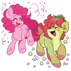Size: 2000x2000 | Tagged: safe, artist:sillybigcat, imported from derpibooru, pinkie pie, oc, earth pony, pony, ambiguous gender, artfight, canon x oc, confetti, duo, eyes closed, female, green coat, mare, oc name needed, open mouth, open smile, pink coat, pink mane, raised hoof, red mane, simple background, smiling, transparent background