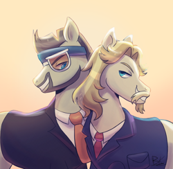 Size: 1590x1555 | Tagged: safe, imported from derpibooru, colter sobchak, jeff letrotski, earth pony, pony, clothes, duo, duo male, facial hair, gay, looking at each other, looking at someone, male, simple background, suit