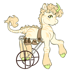 Size: 1941x1986 | Tagged: safe, artist:cocopudu, imported from derpibooru, oc, oc only, hybrid, pony, unicorn, zony, back fluff, blonde mane, blonde tail, coat markings, colored eartips, colored hooves, colored horn, commission, cream coat, curly mane, curly tail, curved horn, ear fluff, eyebrows, facial markings, frown, g2, green eyes, horn, hybrid oc, leonine tail, lidded eyes, long tail, looking back, oc name needed, profile, raised eyebrow, raised hoof, short mane, signature, simple background, socks (coat markings), solo, standing, starry eyes, striped, striped ears, stripes, style emulation, tail, unicorn oc, unique horn, unshorn fetlocks, wheelchair, white background, wingding eyes, yellow mane, yellow tail, zony oc