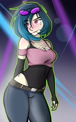 Size: 2176x3500 | Tagged: safe, artist:nolyanimeid, imported from derpibooru, dj pon-3, vinyl scratch, human, equestria girls, 2d, belt, breasts, cleavage, clothes, eyebrows, female, glasses, indoors, pants, raised eyebrow, smiling, solo