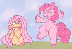 Size: 546x371 | Tagged: safe, artist:b4rkzal0t, imported from derpibooru, fluttershy, pinkie pie, earth pony, pegasus, pony, ><, bipedal, blushing, cute, diapinkes, duo, duo female, eyes closed, female, floppy ears, flutterpie, grass, heart, lesbian, mare, open mouth, open smile, pubic fluff, shipping, shyabetes, signature, sitting, sky, smiling, unshorn fetlocks, wings