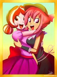 Size: 1220x1660 | Tagged: safe, artist:the-butch-x, imported from derpibooru, oc, oc only, oc:cherry blossom, oc:peach blossom, equestria girls, :d, clothes, commission, duo, equestria girls-ified, female, hug, lesbian, open mouth, open smile, smiling