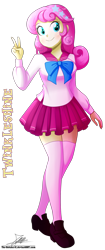 Size: 820x1960 | Tagged: safe, artist:the-butch-x, imported from derpibooru, twinkleshine, equestria girls, bow, breasts, clothes, commission, equestria girls-ified, female, peace sign, school uniform, shoes, simple background, solo, transparent background