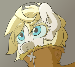 Size: 1600x1422 | Tagged: safe, imported from derpibooru, oc, oc only, oc:aryanne, earth pony, pony, /mlp/, /mlpol/, 4chan, aryan pony, blonde, calm, clothes, female, jacket, looking forward, mare, nazi, simple background, solo, swastika, upper body, winter, youjo senki