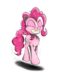 Size: 1000x1191 | Tagged: safe, artist:chopsticks, imported from derpibooru, pinkie pie, cheek fluff, chest fluff, cutie mark, eyes closed, female, gold tooth, grin, happy, jumping, mare, simple background, smiling