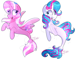 Size: 1024x798 | Tagged: safe, artist:lynchristina, imported from derpibooru, oc, oc only, oc:ashley h, oc:pinkie rose, seapony (g4), seaponified, species swap