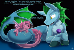 Size: 2605x1772 | Tagged: safe, artist:catmonkshiro, imported from derpibooru, oc, oc only, oc:ruby, oc:solstice, siren, bedroom eyes, coils, commission, dialogue, digital art, duo, eyes closed, grin, hooves, siren oc, sirenified, smiling, species swap, tail, text, transformation, wings