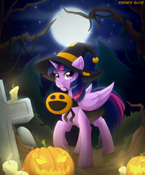 Size: 2160x2610 | Tagged: safe, artist:strafe blitz, imported from derpibooru, twilight sparkle, alicorn, pony, unicorn, candle, cape, clothes, costume, ear fluff, female, forest, full moon, gravestone, halloween, halloween costume, hat, high res, holiday, jack-o-lantern, moon, mouth hold, nightmare night, pumpkin, pumpkin bucket, sky, solo, tombstones, tree, tree branch, twilight sparkle (alicorn), witch, witch hat