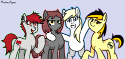 Size: 1050x500 | Tagged: safe, artist:machacapigeon, imported from derpibooru, oc, oc:aryanne, oc:leslie fair, oc:molly tov, oc:veronika, earth pony, art pack:marenheit 451, /mlp/, anarchism, anarcho-capitalism, anarcho-communism, aryanne is amused, authoritarianism, capitalism, communism, grin, group, leslie fair is amused, molly tov is amused, nazi, simple background, smiling, stalinism, veronika is not amused