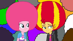 Size: 3000x1680 | Tagged: safe, artist:bigpurplemuppet99, imported from derpibooru, pinkie pie, sunset shimmer, human, equestria girls, afro, alternate hairstyle, female, lesbian, shipping, sunsetpie