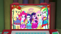 Size: 1202x665 | Tagged: safe, artist:disneyponyfan, artist:user15432, imported from derpibooru, applejack, fluttershy, pinkie pie, rainbow dash, rarity, sci-twi, twilight sparkle, alicorn, human, a photo booth story, eqg summertime shorts, equestria girls, computer, fall formal outfits, female, humane five, humane six, laptop computer, my little pony equestria girls: summertime shorts, super why, twilight sparkle (alicorn)