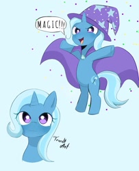 Size: 935x1150 | Tagged: safe, artist:trash-art06, imported from derpibooru, trixie, pony, unicorn, bipedal, cape, clothes, cute, dialogue, diatrixes, female, hat, horn, mare, trixie's cape, trixie's hat
