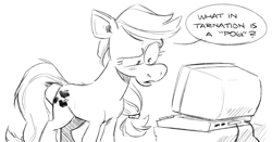 Size: 1019x535 | Tagged: safe, artist:mellodillo, imported from derpibooru, applejack, earth pony, pony, computer, female, mare, pog, simple background, sketch, solo, speech bubble, text, white background