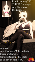 Size: 2160x3840 | Tagged: safe, artist:marianokun, imported from derpibooru, oc, anthro, unicorn, 3d, blender, clothes, commission, concert, horn, looking at you, meme, microphone, open mouth, screaming fan meme, singing, sitting, wings, ych example, your character here