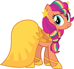 Size: 1071x1008 | Tagged: safe, artist:prixy05, imported from derpibooru, sunny starscout, earth pony, pony, clothes, dress, female, g5, g5 to g4, gala dress, generation leap, mane stripe sunny, mare, simple background, solo, transparent background, vector