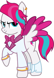 Size: 733x1064 | Tagged: safe, artist:prixy05, imported from derpibooru, zipp storm, pegasus, pony, alternate hairstyle, bowtie, clothes, ear piercing, female, g5, g5 to g4, generation leap, mare, piercing, simple background, solo, spread wings, suit, transparent background, vector, wings