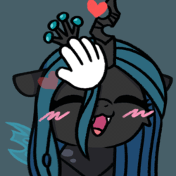 Size: 500x500 | Tagged: safe, artist:sugar morning, imported from derpibooru, queen chrysalis, changeling, changeling queen, animated, blush scribble, blushing, cute, cute little fangs, cutealis, disembodied hand, eyes closed, fangs, female, floating heart, gif, hand, happy, happy face, heart, open mouth, open smile, petting, smiling, sweet dreams fuel, wing twitch, wings