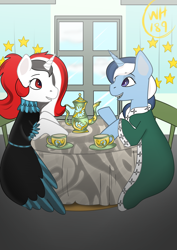 Size: 1000x1414 | Tagged: safe, artist:wh189, imported from derpibooru, oc, oc:red rocket, oc:river swirl, equestria at war mod, background, chair, clothes, dress, kettle, robe, table, talking, tea cups, tea party, window