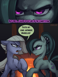 Size: 1800x2400 | Tagged: safe, artist:jewellier, imported from derpibooru, part of a set, limestone pie, marble pie, earth pony, pony, series:ask the pie sisters, alternate hairstyle, alternate universe, ask, comic, duo, english, female, fireplace, marbellise delilah pie, mare, ponytail, speech bubble, text, translation