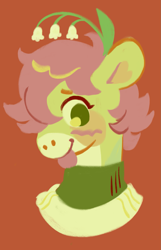 Size: 1173x1817 | Tagged: safe, artist:friendlyfloaty, imported from derpibooru, oc, oc only, earth pony, pony, :p, bust, earth pony oc, green coat, green eyes, oc name needed, orange background, pink mane, plant, portrait, simple background, smiling, solo, tongue out