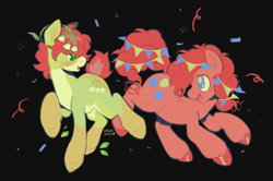 Size: 2171x1438 | Tagged: safe, artist:stagsbane, imported from derpibooru, pinkie pie, oc, earth pony, pony, ambiguous gender, black background, canon x oc, confetti, duo, female, green coat, mare, oc name needed, simple background, smiling
