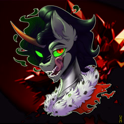 Size: 8000x8000 | Tagged: safe, artist:whatamellon, imported from derpibooru, king sombra, original species, pony, unicorn, absurd resolution, armor, beard, black mane, blurry background, bust, clothes, colored eyebrows, colored horn, colored pupils, crystal, crystal empire, curved horn, dark coat, dark gray coat, ear fluff, ears up, ethereal mane, facial hair, fanart, fangs, fur, gradient horn, green sclera, helmet, horn, long tongue, male, mantle, metal, open mouth, paint tool sai 2, portrait, red eyes, shading, short mane, sideburns, signature, slit pupils, solo, stallion, teeth, three quarter view, tongue out, torn clothes, umbra pony, wall of tags