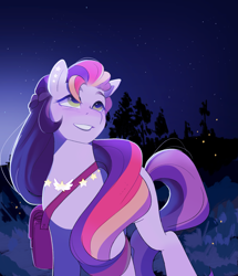 Size: 2459x2858 | Tagged: safe, artist:aztrial, imported from derpibooru, earth pony, pony, spoiler:g5, spoiler:my little pony: tell your tale, spoiler:tyts02e11, bag, g5, looking up, my little pony: tell your tale, night, smiling, solo, sunny starscout's mother, written in the starscouts