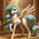 Size: 2048x2048 | Tagged: safe, imported from derpibooru, princess celestia, alicorn, pony, ai content, ai generated, bust, concave belly, fit, muscles, palace, portrait, pose, prompter:jasedward, raised leg, slender, smiling, solo, spread wings, sunshine, thin, wings