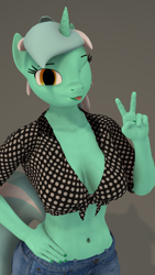 Size: 2160x3840 | Tagged: safe, alternate version, artist:~stuffguy123, imported from derpibooru, lyra heartstrings, anthro, 3d, belly button, clothes, gradient background, hand on hip, looking at you, one eye closed, peace sign, source filmmaker, tongue out, wink
