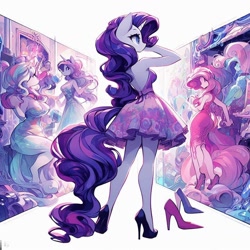 Size: 1024x1024 | Tagged: safe, imported from derpibooru, rarity, anthro, abstract background, adorasexy, ai content, ai generated, backless, clothes, cute, dress, female, high heels, prompter:horselover fat, rear view, sexy, shoes, simple background, standing, white background