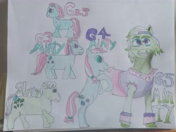 Size: 3455x2603 | Tagged: safe, artist:blackblade360, imported from derpibooru, minty, minty (g1), earth pony, pony, bow, colored pencil drawing, detailed mane, female, g1, g3, g3.5, g5, generation leap, green coat, mare, minty (g4), minty (g5), missing cutie mark, multiple characters, outfit, pink mane, rearing, shading, smiling, tail, tail bow, title card, traditional art, two toned mane, two toned tail, white mane