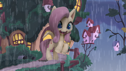 Size: 1920x1080 | Tagged: safe, edit, edited screencap, imported from derpibooru, screencap, fluttershy, pegasus, pony, my little pony: pony life, my little pony: stop motion short, bird house, cute, fluttershy's cottage, rain, smiling, solo