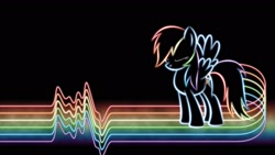 Size: 1920x1080 | Tagged: safe, artist:smockhobbes, imported from derpibooru, rainbow dash, pegasus, pony, black background, cutie mark, eyes closed, female, glow, glowing, hooves, lineart, mare, minimalist, neon, outline, photoshop, rainbow, simple background, solo, soundwave, spread wings, standing, wallpaper, wings