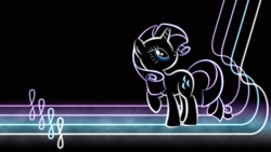 Size: 1920x1080 | Tagged: safe, artist:smockhobbes, imported from derpibooru, rarity, pony, unicorn, black background, cutie mark, female, glow, glowing, hooves, horn, lineart, lines, looking back, mare, minimalist, modern art, neon, photoshop, raised hoof, raised leg, simple background, solo, standing, wallpaper