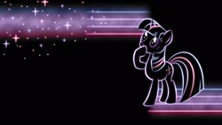 Size: 1920x1080 | Tagged: safe, artist:smockhobbes, imported from derpibooru, twilight sparkle, pony, unicorn, black background, cutie mark, female, glow, glowing, hooves, horn, lineart, lines, mare, minimalist, modern art, neon, photoshop, raised hoof, raised leg, simple background, solo, sparkles, standing, thinking, unicorn twilight, wallpaper, wondering