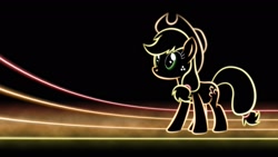 Size: 1920x1080 | Tagged: safe, artist:smockhobbes, imported from derpibooru, applejack, earth pony, pony, black background, cowboy hat, female, freckles, glow, glowing, hat, lineart, lines, mare, minimalist, modern art, neon, palindrome get, photoshop, simple background, solo, standing, stetson, wallpaper