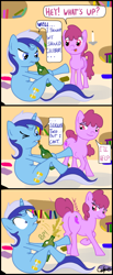 Size: 482x1174 | Tagged: safe, artist:colgatefim, imported from derpibooru, berry punch, berryshine, minuette, earth pony, pony, unicorn, 3 panel comic, alcohol, anatomically incorrect, bedroom eyes, berry butt, berrygate, book, bookshelf, bottle, butt, candle, champagne, comic, cork, dialogue, drink, female, first anatomically incorrect picture on derpibooru, first berry punch image on derpibooru, golden oaks library, horn, incorrect leg anatomy, indoors, innuendo, lesbian, library, lidded eyes, mare, mouth hold, one-shot comic, plot, presenting, presenting butt, shipping, speech bubble, surprised, tail, tail aside, turning, wide eyes, wine