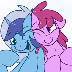 Size: 400x400 | Tagged: dead source, safe, artist:skoon, imported from derpibooru, berry punch, berryshine, minuette, earth pony, pony, unicorn, berrybetes, berrygate, cuddling, cute, duo, female, lesbian, mare, minubetes, shipping, simple background, white background