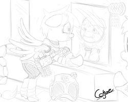 Size: 1280x1024 | Tagged: safe, artist:colgatefim, imported from derpibooru, oc, oc only, oc:sunset sherbet, unnamed oc, pegasus, pony, fallout equestria, armor, battle saddle, black and white, clothes, crying, dashite, duo, enclave armor, fanfic, fanfic art, fear, female, grayscale, gun, hooves, lineart, mare, monochrome, power armor, simple background, soldier, traditional art, uniform, weapon, white background, wings