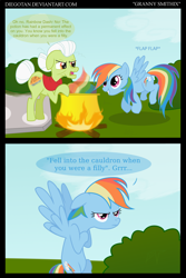 Size: 2170x3240 | Tagged: safe, artist:diegotan, imported from derpibooru, granny smith, rainbow dash, earth pony, pegasus, pony, comic:granny smithix, 2 panel comic, angry, annoyed, asterix, bipedal, brewing, cauldron, comic, crossover, dialogue, duo, duo female, elderly, english, female, fire, frown, gimp, high res, magic potion, mare, obelix, panoramix, parody, potion, rainbow, rainbow dumb, show accurate