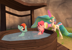 Size: 1280x900 | Tagged: source needed, safe, artist:saburodaimando, imported from derpibooru, pinkie pie, princess celestia, rainbow dash, alicorn, earth pony, pegasus, pony, 3d, bath, bubble bath, female, gmod, magic, mare, outdoors, photoshop, trio, trio female, whirlpool