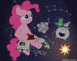 Size: 2500x2000 | Tagged: dead source, safe, artist:zutheskunk, artist:zutheskunk traces, imported from derpibooru, gummy, pinkie pie, crocodile, earth pony, pony, robot, big dipper, black forest cake, cake, companion cube, constellation, crossover, dialogue, duo, english, female, food, heart, high res, mare, paint.net, personality core, portal (valve), portal gun, space, space core, spacesuit, sun, wheatley