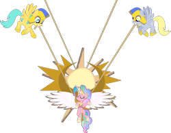 Size: 5552x4316 | Tagged: safe, artist:tensaioni, imported from derpibooru, derpy hooves, pinkie pie, sunshower raindrops, earth pony, pegasus, pony, absurd resolution, cardboard, eyes closed, fake alicorn, fake celestia, fake horn, fake wings, female, flying, gritted teeth, mare, mouth hold, rope, simple background, smiling, spread wings, sun, transparent background, trio, trio female